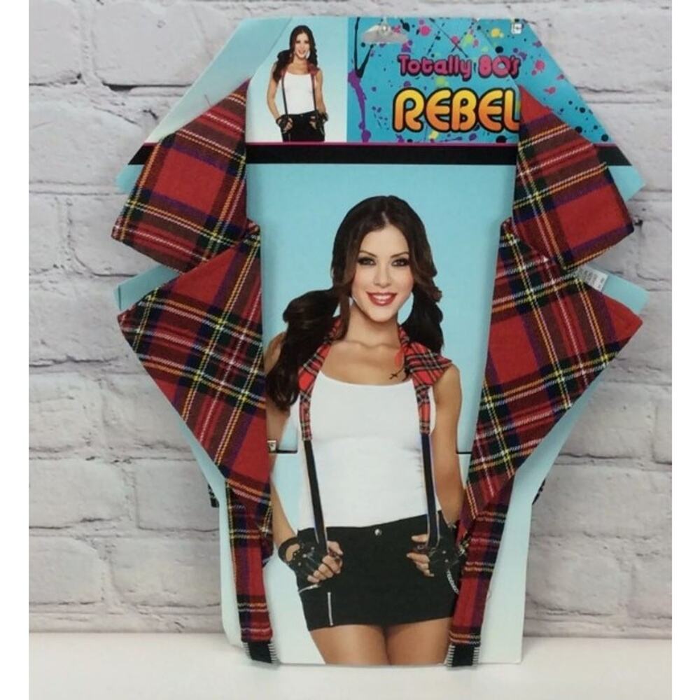 Totally 80S Rebel Suspenders Women's Costume Theatrical Plaid Black Zipper Bow